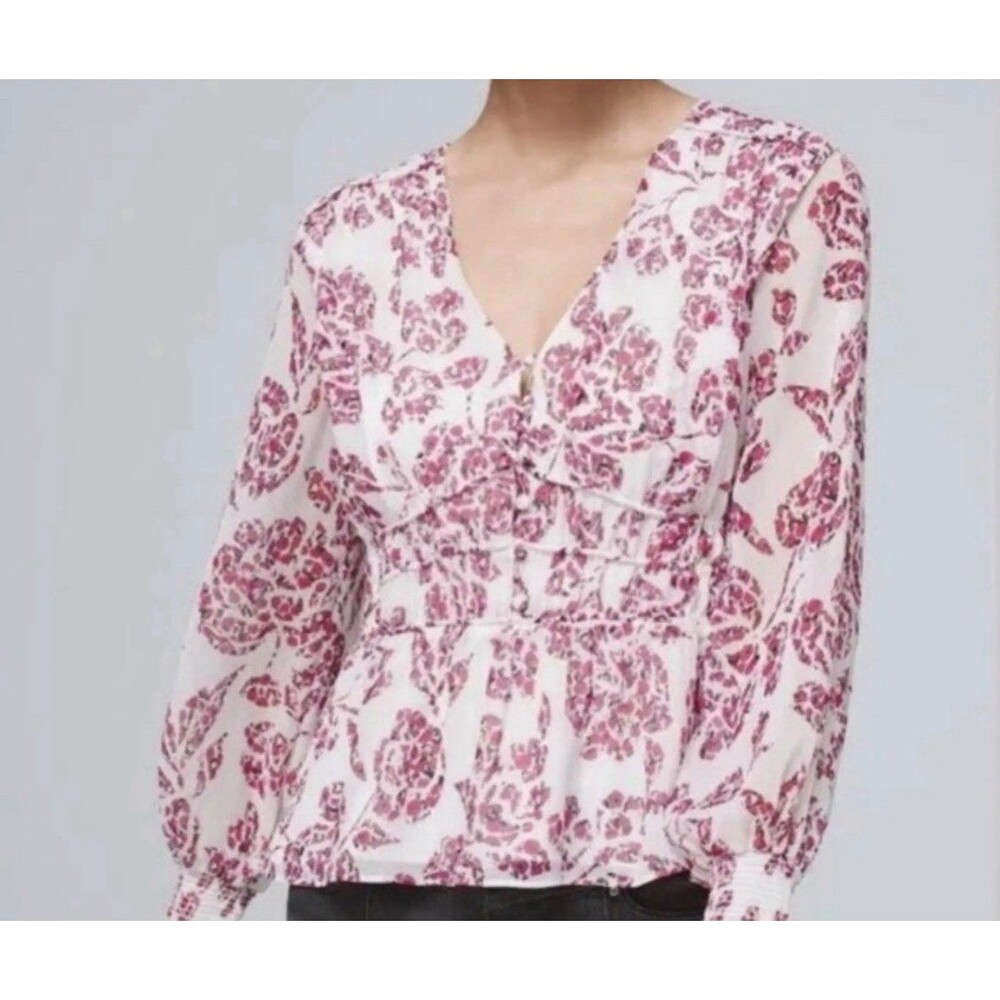 White House Black Market Peplum Blouse Sz. Small Cranberry & White